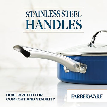 Farberware Style Nonstick Cookware Saute Pan with Lid, Dishwasher Safe, 3 Quart - Blue