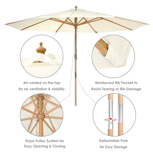 Yescom 13FT Large Heavy Duty Wooden Outdoor Patio Umbrella Solid German Beech Pole Parasol Rope Pulley 8 Rib for Deck Pool Porch Backyard Garden Market Bistro Table Beach Sun Shade,Ivory