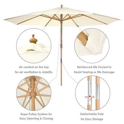 Yescom 13FT Large Heavy Duty Wooden Outdoor Patio Umbrella Solid German Beech Pole Parasol Rope Pulley 8 Rib for Deck Pool Porch Backyard Garden Market Bistro Table Beach Sun Shade,Ivory
