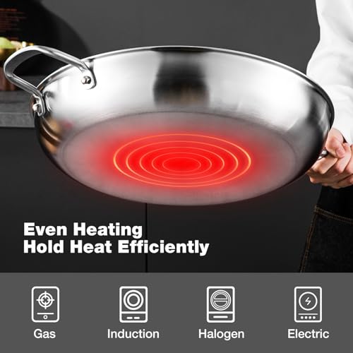 Yeksum Stainless Steel Pan,14 inch Frying Pan, Heavy Duty, Large Frying Pan, Fast & Even Heating, Up to 650°, Oven & Dishwasher Safe,Compatible with All Cooktops