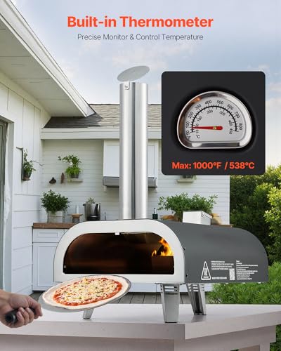 VEVOR Outdoor Pizza Oven, 12 Inch Wood Fired Pizza Ovens, Pellet Pizza-Stove with Thermometer, Portable Pizza-Maker for Outside Backyard Patio Camping, Pizza-Stone, Carry Bag, Shovel, Black
