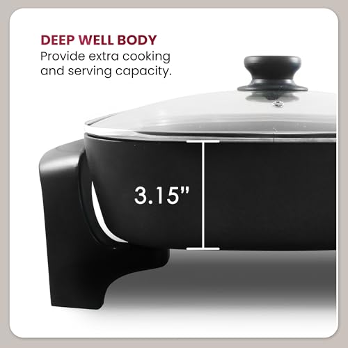 Elite Gourmet EG6201 Extra Deep 12"x12"x3.2" (7.5Qt.) Scratch Resistant Dishwasher Safe, Non-stick Electric Skillet with Glass Vented Lid, Adjustable Temperature, Black