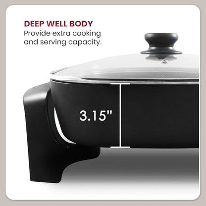 Elite Gourmet EG6201 Extra Deep 12"x12"x3.2" (7.5Qt.) Scratch Resistant Dishwasher Safe, Non-stick Electric Skillet with Glass Vented Lid, Adjustable Temperature, Black
