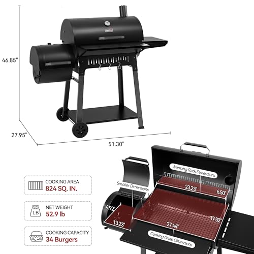 Grills House Barrel Charcoal Grill with Offset Smoker, 824 Sq. In. Cooking Area,Frame Tool Hooks, Bottom Shelf, Blow-Molded Wheels, Outdoor Charcoal Grill for Backyard Cooking, Black, CC1831S-SC