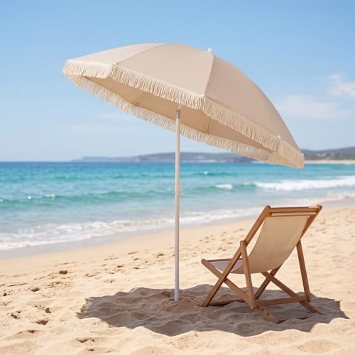 Tangkula 7FT Beach Umbrella with Fringe, Outdoor Boho Umbrella with Tassels, Push Button Tilt, Sand Anchor, 16 Ribs, Vintage Patio Umbrella with Carry Bag for Sand Deck Pool Garden Backyard (Beige)