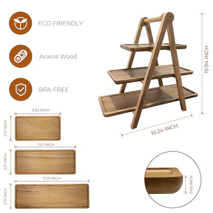 WARMKEY Acacia Wood 3 Tier Foldable Serving Tray – Rectangular Farmhouse Stand for Charcuterie Board, Cupcake, Dessert, Party Wedding Decor, Small Flower Pot Display, Easy Storage