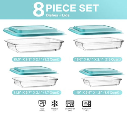 8-Piece Deep Glass Baking Dish Set with Plastic lids,Rectangular Glass Bakeware Set with Lids, Baking Pans for Lasagna, Leftovers, Cooking, Kitchen, Freezer-to-Oven and Dishwasher, Green