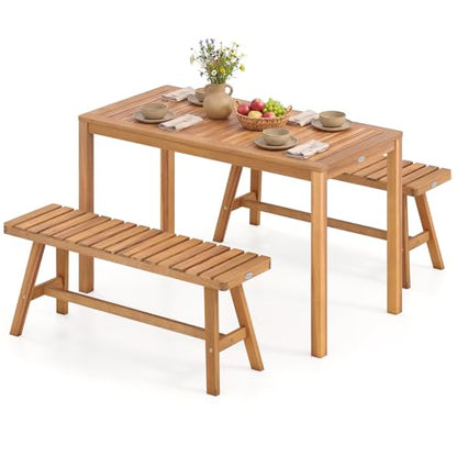 Tangkula 3 Pieces Acacia Wood Patio Dining Set, Outdoor Rectangular Table and Benches with Slatted Seats, Space-Saving Outside Furniture Set for Deck, Lawn, Garden and Backyard