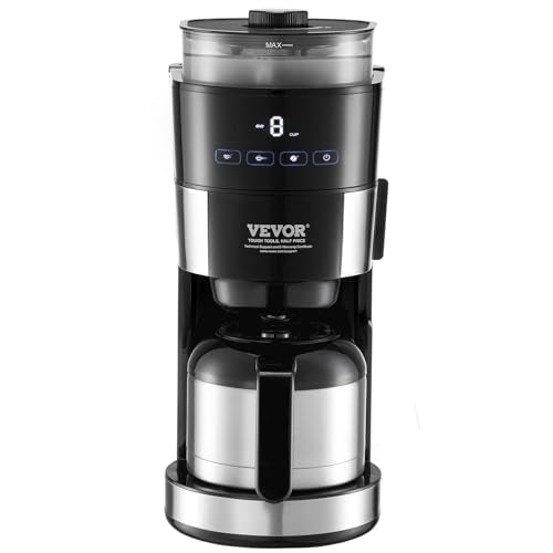 VEVOR Coffee Maker with Grinder, 8 Cup Programmable Coffee Machine, Grind and Brew Coffee Maker with 3 Brew Strength Control, Reusable Filter, Removable Water Tank, for Home Office Restaurant