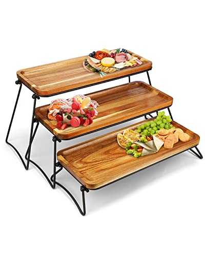3 Tier Cupcake Stand and Towers Large Serving Tray for Party Acacia Wooden Dessert Table Display Set Decorative Tray Tiered Tray Decor Small Chees Charcuterie Boards Rustic Wood Serving Platters Trays