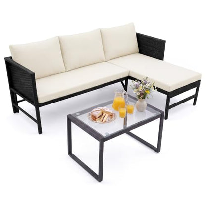 HOMEZILLIONS 3 Pieces Wicker L-Shaped Outdoor Sectional – Patio Couch Set with Tempered Glass Table, Small Rattan Loveseat for Balcony, Deck, Porch, Weatherproof & Easy Clean