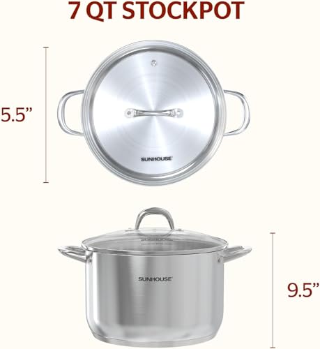 Sunhouse Stock Pot with Lid - 7 QT Large Pot for Cooking Pasta, Soup, Spaghetti - Impact Bonding Base Big Stainless Steel Pots for Canning, Boiling - Oven Safe & Induction Compatible Cookware