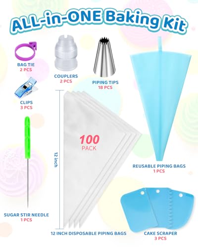 130 Pcs Piping Bags and Tips Set, Cakes Decorating Kit Supplies with 100 Pcs 12 Inch Piping Bags, 1 Reusable Pastry Bags, 18 Tips, 2 Couplers, 2 Bags Ties, 3 Clips, 1 Scriber Needle, 3 Cake Scraper