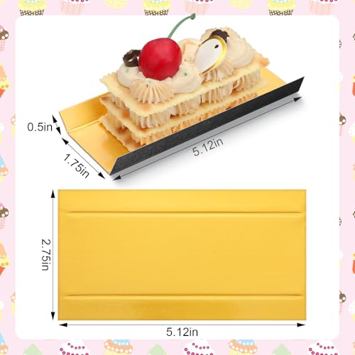 MotiMind 200 Pcs Mini Rectangular Foldable Paper Cardboard Cake Board Plates Bulk Mini Mousse Cake Bases Cardboards for Dessert Pastry Display Trays (Gold,Black)
