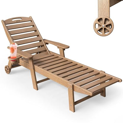 SUUNYN Chaise Lounge Outdoor, Lounge Chair Outdoor with Wood Texture, Adjustable 5-Position Backrest, HDPE Lounge Chair with Wheels & Cup Holder for Pool Deck Backyard, Teak