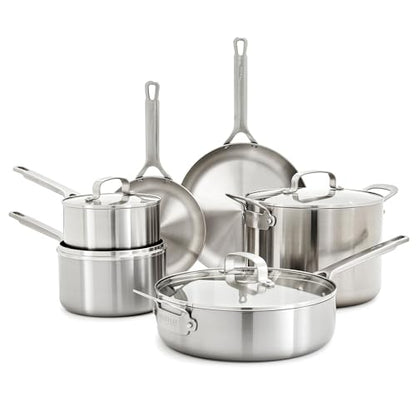 GreenPan x Bobby Flay 10 Piece Stainless Steel Cookware Set, Tri-Ply Multiclad Pots & Pans, Professional Grade, Oven & Broiler Safe to 600°F, Dishwasher Safe, Durable, Induction Compatible, Silver
