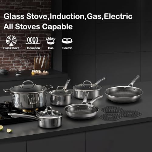 SNOWCLAD Pots and Pans Set Non Stick, 14 Pcs Hybrid Stainless Steel Cookware Sets, Non Stick Frying Pans, Saucepans, Saute Pan & Stock Pot, PFOA Free Kitchen Skillet,Induction Compatible