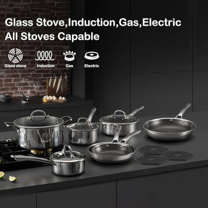 SNOWCLAD Pots and Pans Set Non Stick, 14 Pcs Hybrid Stainless Steel Cookware Sets, Non Stick Frying Pans, Saucepans, Saute Pan & Stock Pot, PFOA Free Kitchen Skillet,Induction Compatible