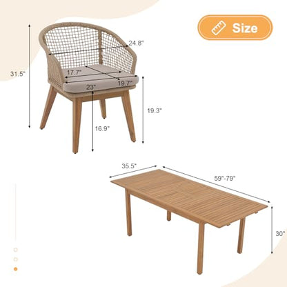 OC Orange-Casual 7-Piece Patio Acacia Wood Dining Set, Extendable Table & Checkerboard Woven Chairs, Outdoor Furniture Set for Garden, Backyard, Deck (Beige)