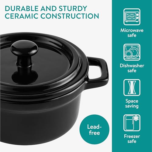 Navaris Small Casserole Dish with Lid - Oven Proof Dishes - Mini Cocotte Casseroles Easy Clean - Mini Dutch Oven Pot with Lid - Set of 4-8 oz (237 ml) - Black