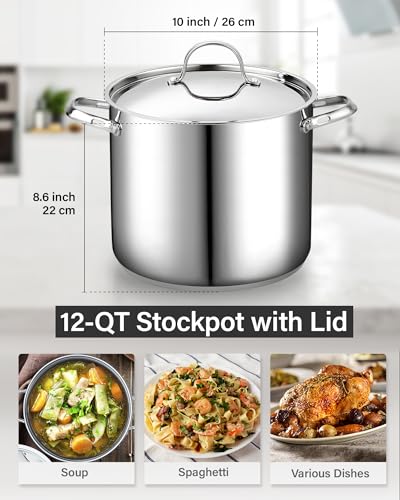 Cooks Standard Classic Stainless Steel Stock Pot with Lid, Large Cooking Pot for Pasta, Soup, Spaghetti, Oven Safe, Dishwasher Safe, Induction Compatible Cookware, 12-Quart