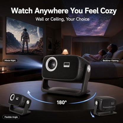 [Built in APP & Auto Focus] Native 1080P 4K Support Projector with Bluetooth 5.4 and Wifi 6 Portable Full HD, 180° Ceiling Rotation, Auto Keystone Real 560 ANSI Movie Projector for Bedroom, Outdoor