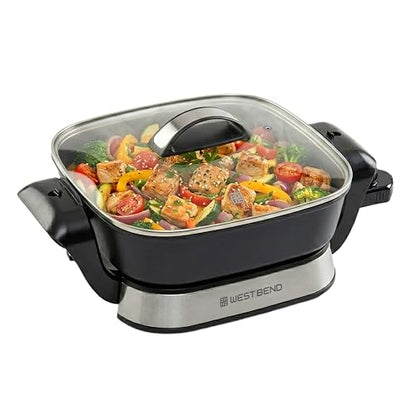 West Bend 11”x11” Electric Skillet with Diamond Shield Ceramic Nonstick, Removable Foldable Base, Tempered Glass Lid with Vent, Adjustable Thermostat, Cool Touch Handles, 4.2-Qt, Black/Stainless Steel