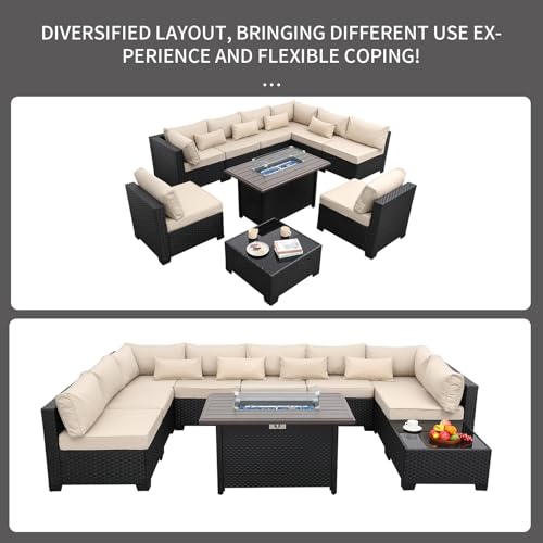 Rattaner 10 Pieces Outdoor Sectional All-Weather Wicker Patio Furniture Set Patio Sectional and Steel Fire Table and Glass Patio Table Non-Slip Cushions and Waterproof Covers, Khaki