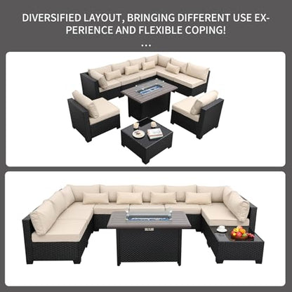 Rattaner 10 Pieces Outdoor Sectional All-Weather Wicker Patio Furniture Set Patio Sectional and Steel Fire Table and Glass Patio Table Non-Slip Cushions and Waterproof Covers, Khaki