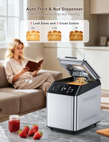 KBS 750W Programmable Bread Maker, Dual Heaters Bread Machine with 3LB Ceramic Pan & Fruit Dispenser,20-in-1 Stainless Steel Automatic Bread Maker Machine with Quiet Brushless Motor,15H Timer,3 Colors
