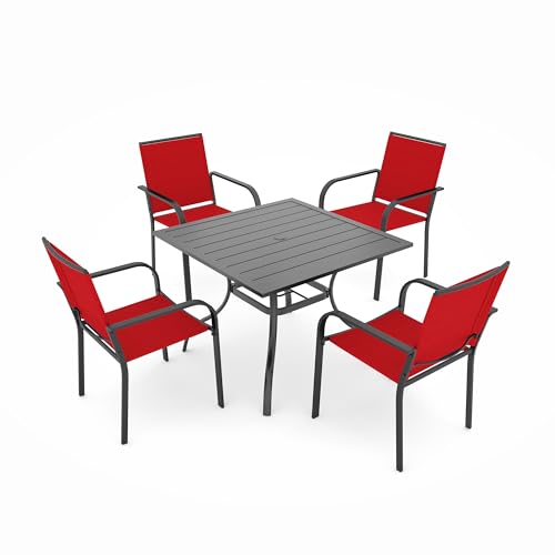 Anmutig 5 Piece Patio Dining Set, Outdoor Stackable Chairs and 35" Square Metal Patio Table with 1.57" Umbrella Hole for Garden Backyard Deck, Red