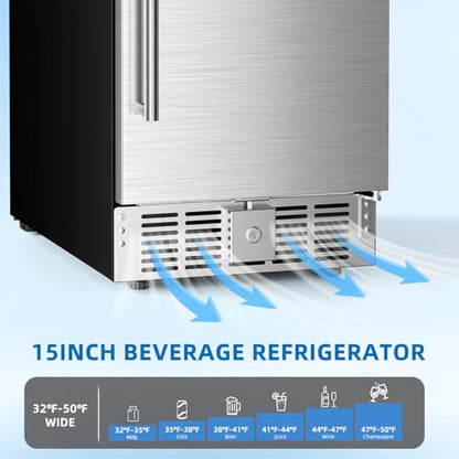 Antarctic Star 15 Inch Undercounter Beverage Refrigerator, 135 Can Built-in or Freestanding Compact Beverage Cooler with Stainless Steel Door, Outdoor Refrigerator for Patio Home Kitchen