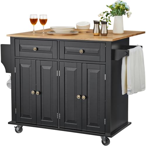 VEVOR Kitchen Island Cart, 35" Wood Top Mobile Carts with Storage Cabinet, Rolling Table with Drop Leaf, Spice Rack, Towel Bar, Adjustable Shelf, Drawer, and Hooks, Portable Islands on Wheels, Black