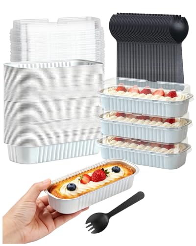 LNYZQUS Mini Cake Pans with Lids 100 Pack,Individual Foil Baking Tins,Disposable Mini Loaf Pans Small Cakes Tin Cupcake Containers for Bake Sale Wedding-White,6.8oz