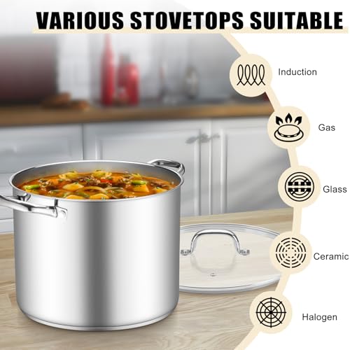 TeamFar 16QT Stock Pot, Stainless Steel Stockpot Large Induction Cooking Pot with Lid & Tri-ply Bottom, for Soup Seafood Cooking, Sauce Canning, Non Toxic & Heavy Duty, Various Stovetops Suitable