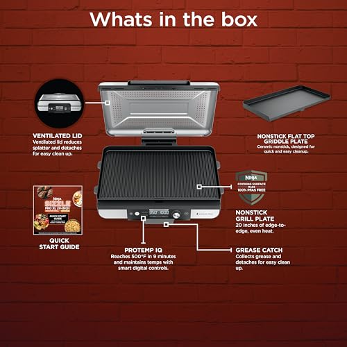 Ninja Sizzle Pro XL 20-Inch Indoor Griddle + Grill, Detachable Ventilated Lid, Grease Control, Ceramic Nonstick Plates, Even Edge Cooking, Extra Large Capacity, Versatile, Silver, GX101