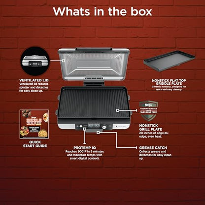 Ninja Sizzle Pro XL 20-Inch Indoor Griddle + Grill, Detachable Ventilated Lid, Grease Control, Ceramic Nonstick Plates, Even Edge Cooking, Extra Large Capacity, Versatile, Silver, GX101