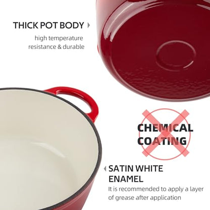 4 Quart Dutch Oven Enameled Cast Iron with Lid - Big Dual Handles - Oven Safe up to 500°F - Classic Round Pot for Versatile Cooking Red