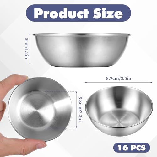 Exclaith 16 Pack Small Stainless Steel Bowl Sauce Dishes 3.5 inch Round Seasoning Dishes Small Sushi Dipping Bowls for Prep Appetizer Plates Set for Kitchen, Reusable and Dishwasher Safe