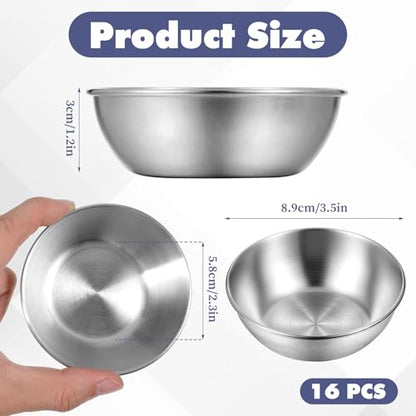 Exclaith 16 Pack Small Stainless Steel Bowl Sauce Dishes 3.5 inch Round Seasoning Dishes Small Sushi Dipping Bowls for Prep Appetizer Plates Set for Kitchen, Reusable and Dishwasher Safe