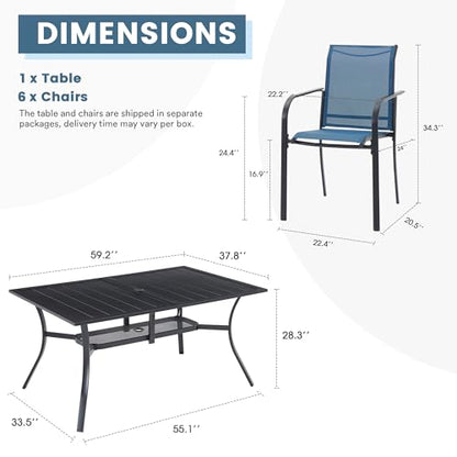 DIFY 7 Pieces Patio Dining Set for 6, Patio Furniture Includes Blue Stackable Sling Outdoor Chairs and 59.2" Rectangle Metal Black Table