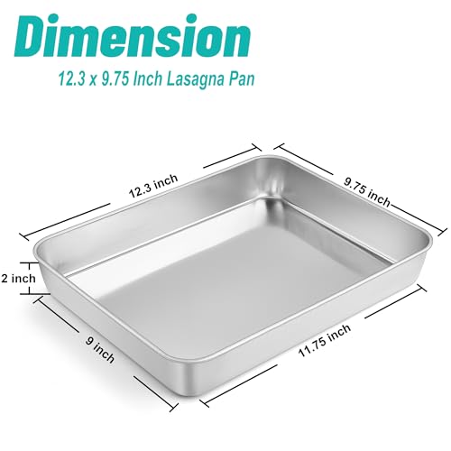 TeamFar Lasagna Pan, 12.3’’ x 9.75’’ x 2’’, Stainless Steel Rectangular Cake Brownie Casserole Pan For Roasting Baking, Healthy & Heavy Duty, Brushed Surface & Deep Side, Dishwasher Safe