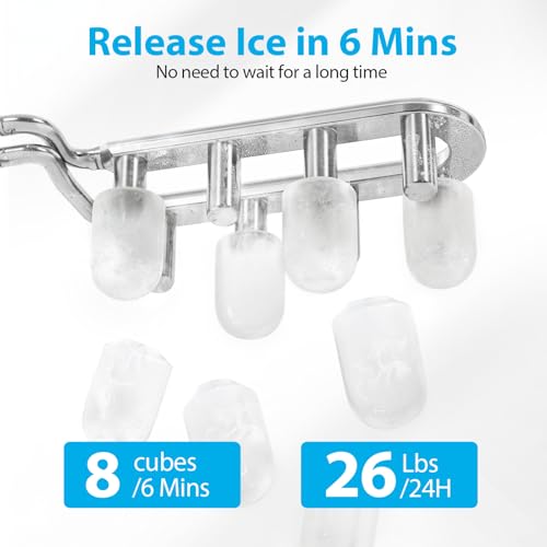 Aeitto Ice Maker Countertop 26lbs/24H, Ice Machine 8 Ice Cubes Ready in 6 Mins, 2 Sizes of Bullet Ice Portable Ice Makers with Basket & Scoop, Auto Self-Cleaning for Home/Kitchen/Office Stainless