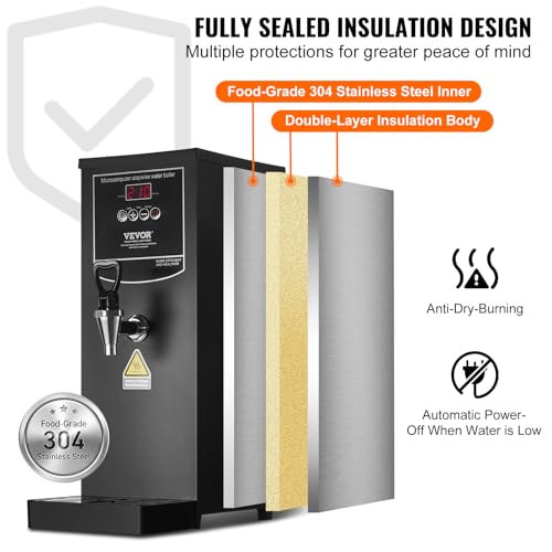VEVOR Commercial Water Boiler, 10L Electric Hot Water Dispenser with 316 Stainless Steel Heating Tube, 1500W Step-by-step Fast Heating 50L/H Hot Water Boiler, for Coffee Tea Restaurant Office