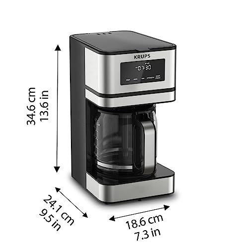 KRUPS Simply Brew: Stainless Steel and Glass Carafe 12 Cup Drip Coffee Maker, Programmable with Digital Display, Dishwasher Safe, Drip Free Coffee Machine, Black and Silver