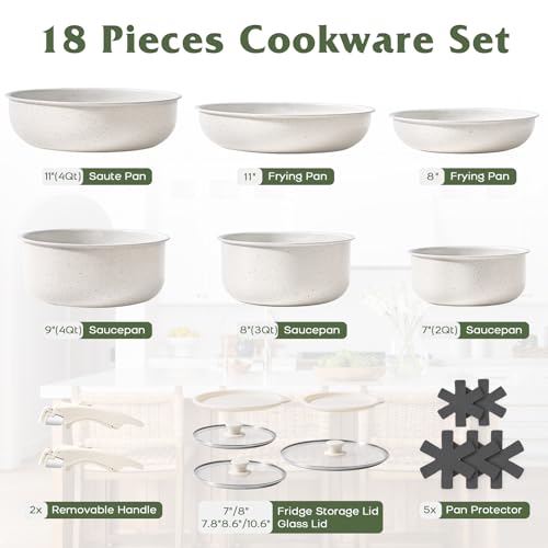 SODAY 18 Pcs Pots and Pans Set Non Stick, Cookware Sets with Detachable Handle, Nonstick RV Kitchen Cooking Tools Removable Handles, Oven Safe, Induction Fast, Stackable Induction Cookware, White