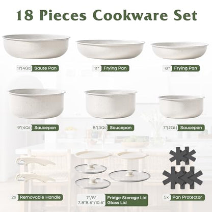 SODAY 18 Pcs Pots and Pans Set Non Stick, Cookware Sets with Detachable Handle, Nonstick RV Kitchen Cooking Tools Removable Handles, Oven Safe, Induction Fast, Stackable Induction Cookware, White