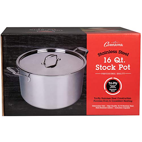 Camerons 16 Quart Stock Pot with Lid - 18/10 Professional Grade Tri-Ply Stainless Steel Stockpot - Commercial Grade Sauce Pot with Stick Resistant Interior, Stay Cool Handles & Induction Compatible