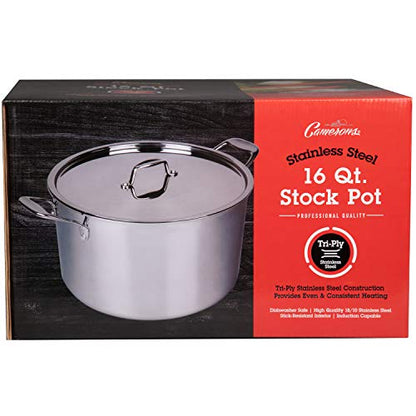 Camerons 16 Quart Stock Pot with Lid - 18/10 Professional Grade Tri-Ply Stainless Steel Stockpot - Commercial Grade Sauce Pot with Stick Resistant Interior, Stay Cool Handles & Induction Compatible