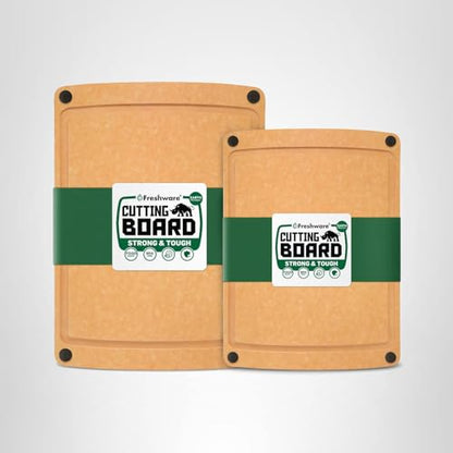 Freshware Wood Cutting Boards for Kitchen, Juice Groove, Non-Slip Silicone Feet, Dishwasher Safe, Medium 12" x 9" and Large, 15" x 11.25", Set of 2, Natural